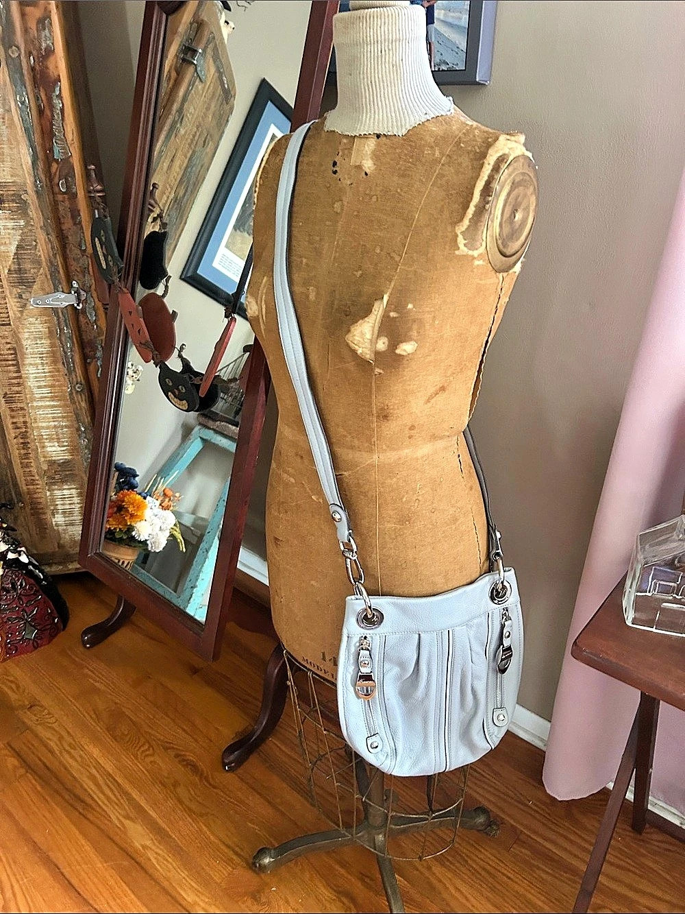 B. Makovsky Leather Crossbody Bag in Gray with Silver Hardware